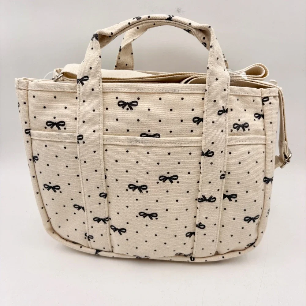 Madden Girl Carry It All Canvas Tote Bag Bow Polka Dot Cream Black Teddy‎ Charm